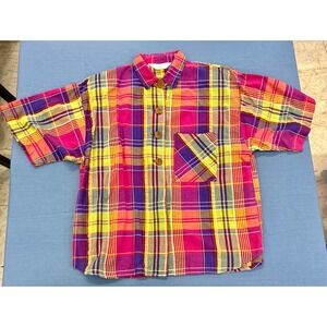 Honors Apparel Plaid Button Up Short Sleeve Shirt Women Medium Med M